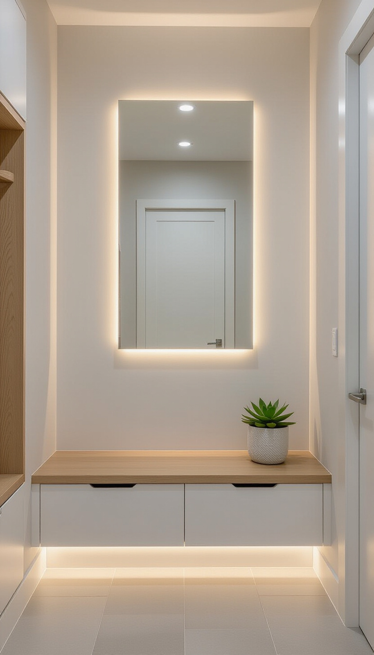 Mud Room With Mirror - Organized mudroom with large wall-mounted mirror and personalized cubbies.