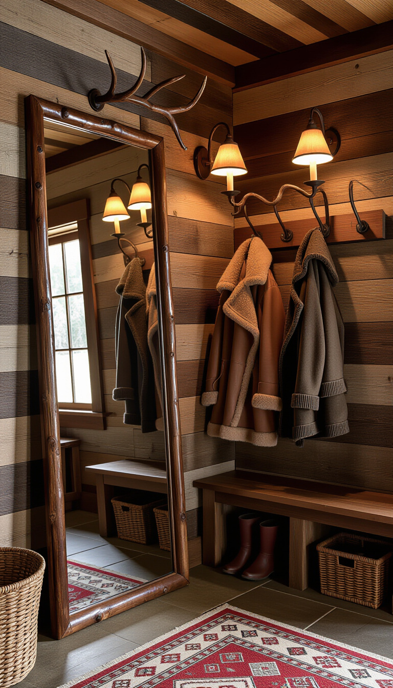 Mud Room With Mirror - Scandinavian mudroom with minimalist mirror and wooden bench.