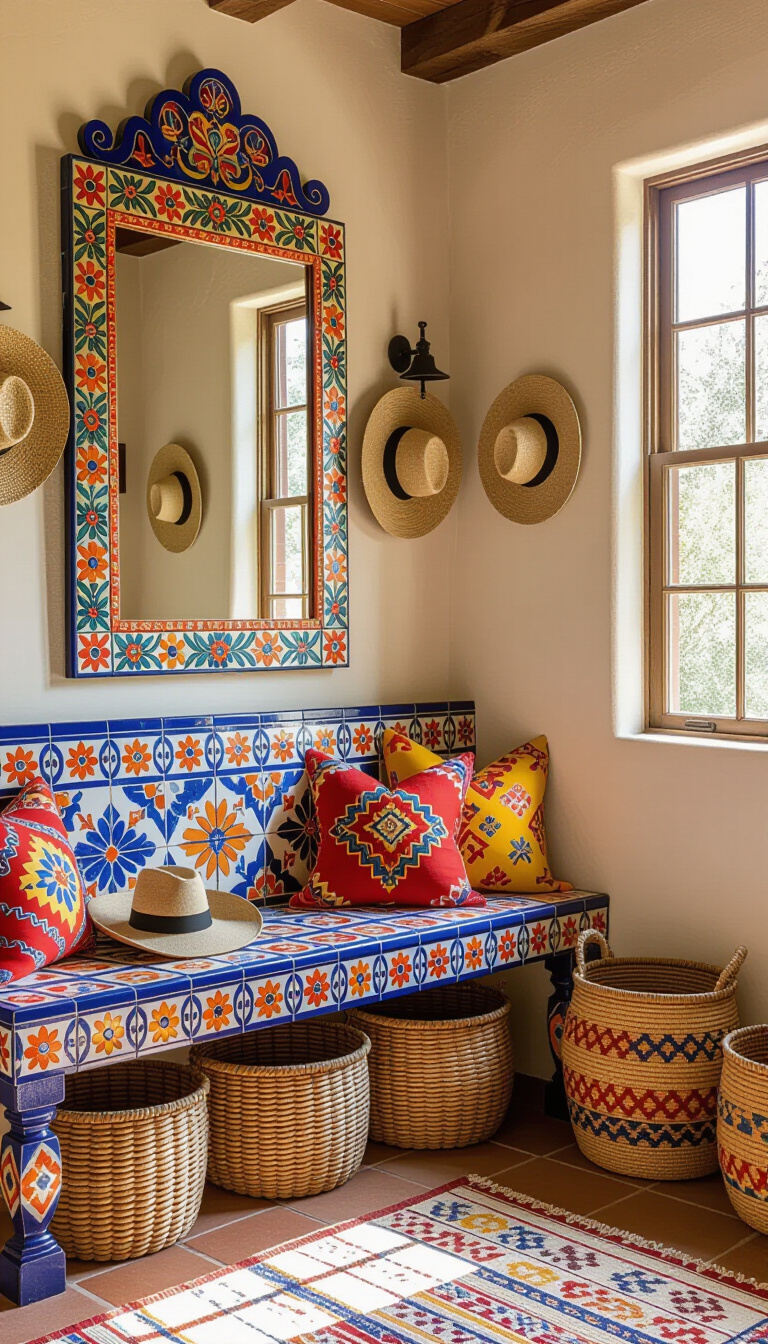 Mud Room With Mirror - Mudroom with geometric mirror and colorful bench.