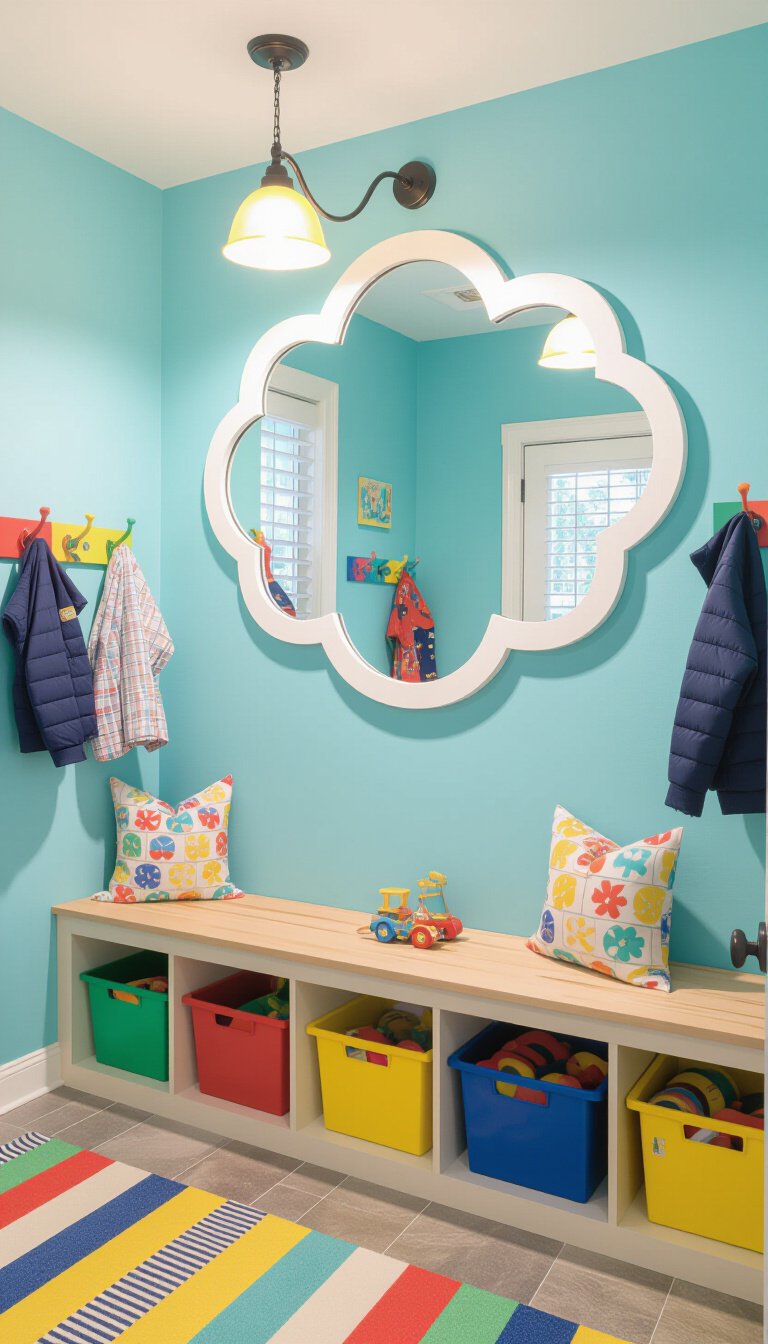 Mud Room With Mirror - Mudroom with textured mirror and cozy bench.