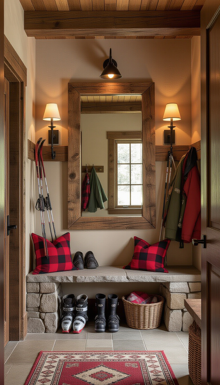 Mud Room With Mirror - Moroccan mudroom with arched mirror and colorful bench.