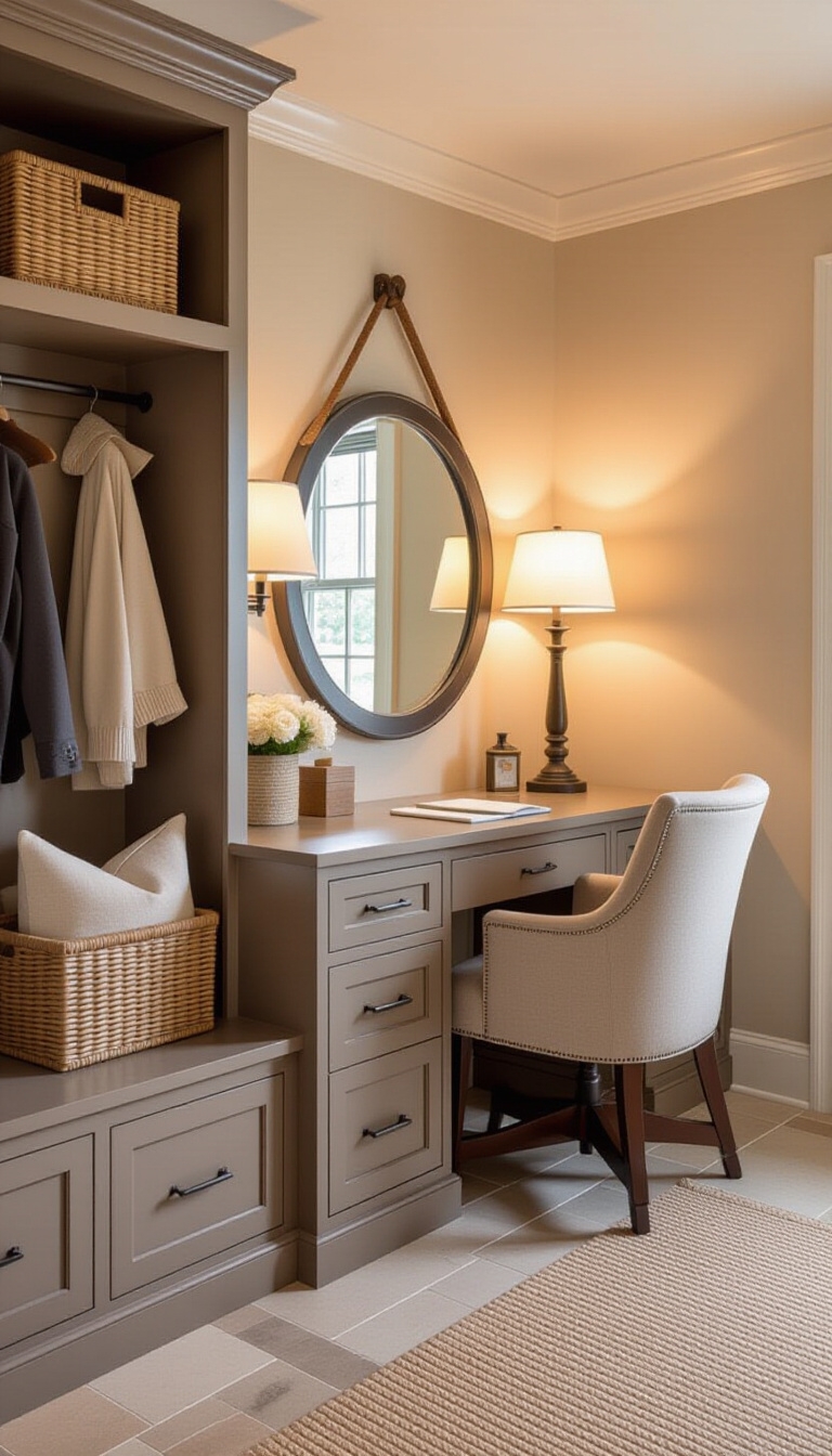 Mud Room With Mirror - Zen mudroom with round mirror and bonsai.