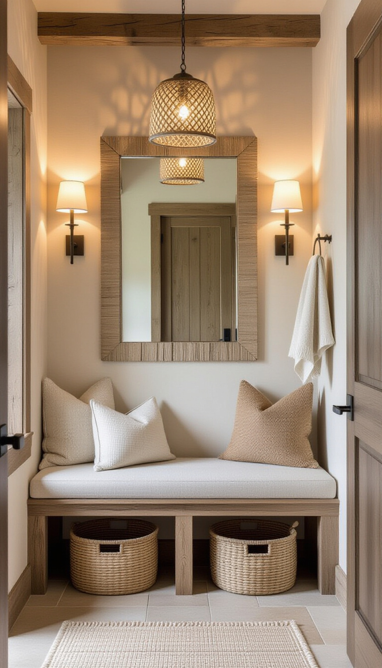 Mud Room With Mirror - Cottage style mudroom with floral wallpaper and antique oval mirror.