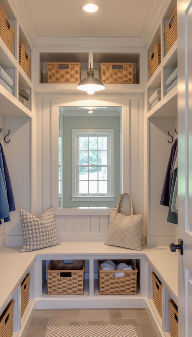 Mud Room With Mirror - Industrial mudroom with large unframed mirror and metal lockers.