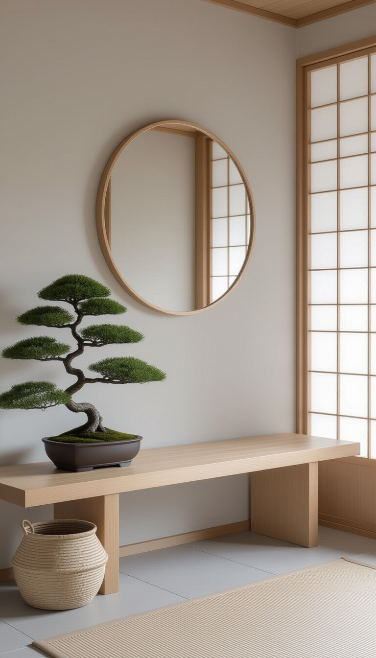 Mud Room With Mirror - Mudroom with rustic wood and moss-framed mirror reflecting plants.
