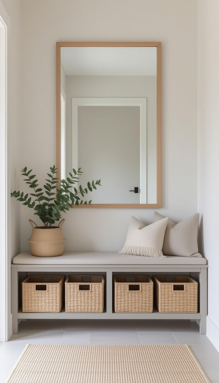 Mud Room With Mirror - Small apartment mudroom with narrow vertical mirror and wall-mounted coat rack.