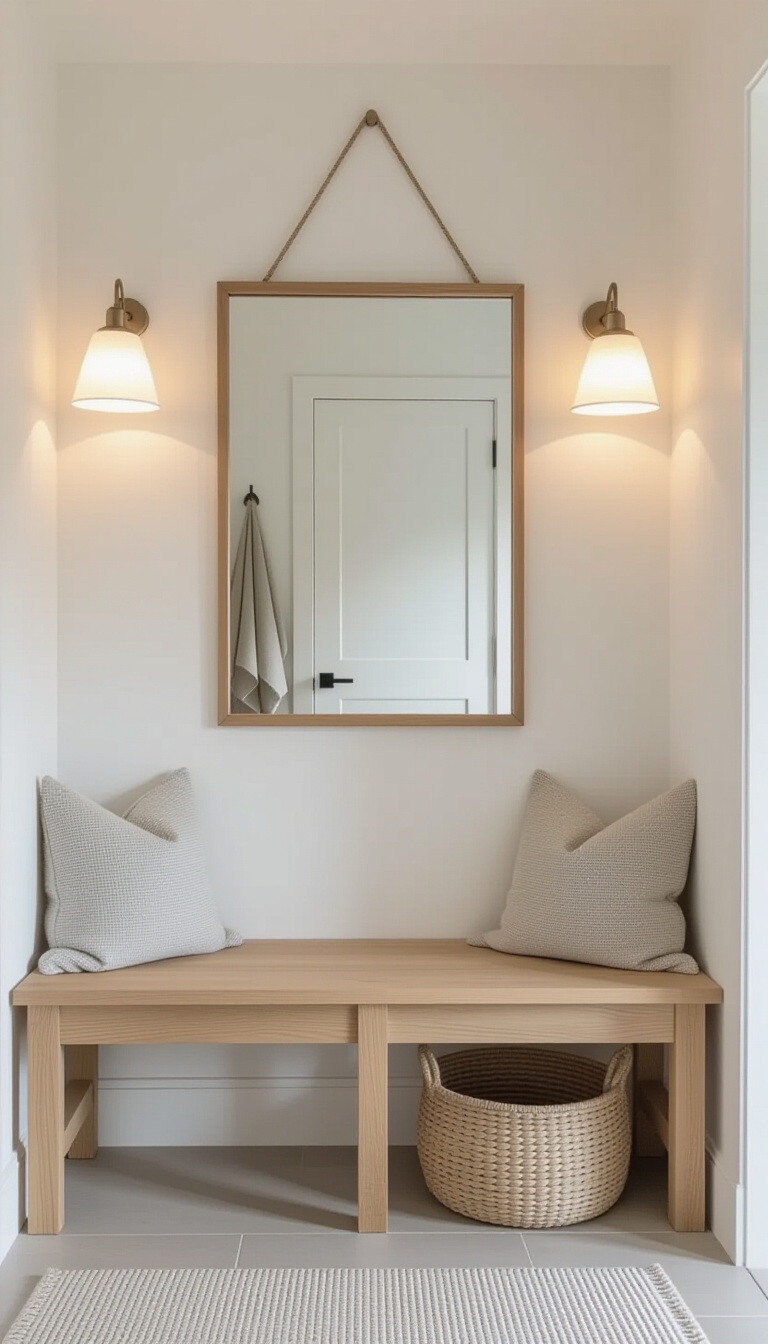 Mud Room With Mirror - Organized mudroom with gray walls, blue accents, and full-length mirror.