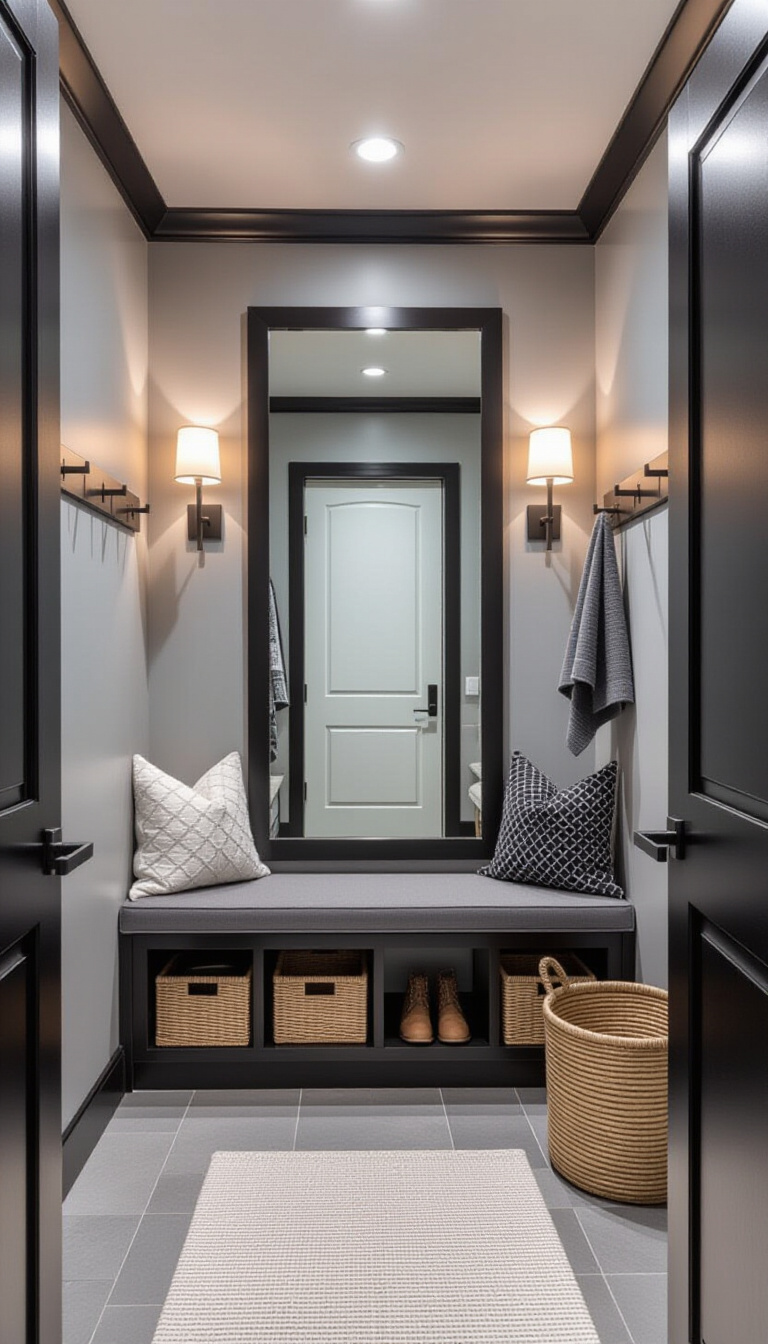 Mud Room With Mirror - Calm mudroom with pale wood framed mirror and woven baskets.