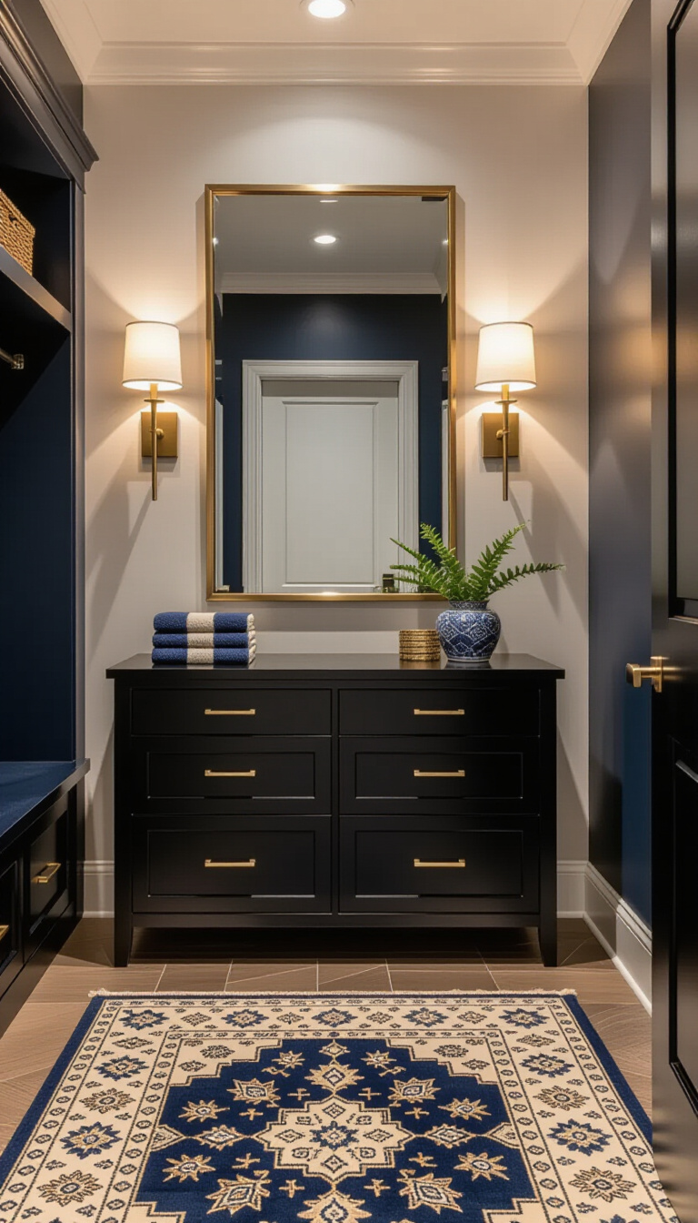 Mud Room With Mirror - Mudroom with fragmented abstract mirror and colorful bench.