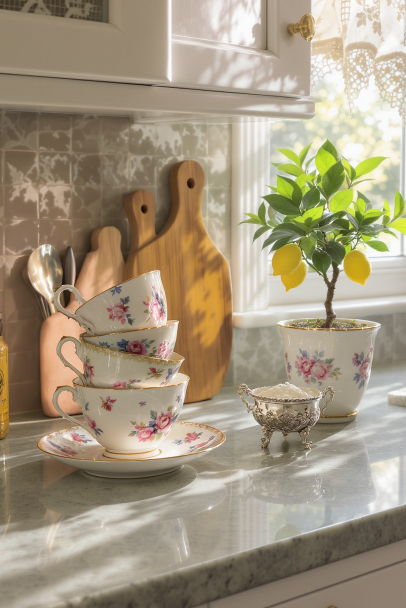 kitchen countertop styling - Nostalgic Comfort: Grandmillennial Countertop Style - Muted sage green quartz forms a serene stage...