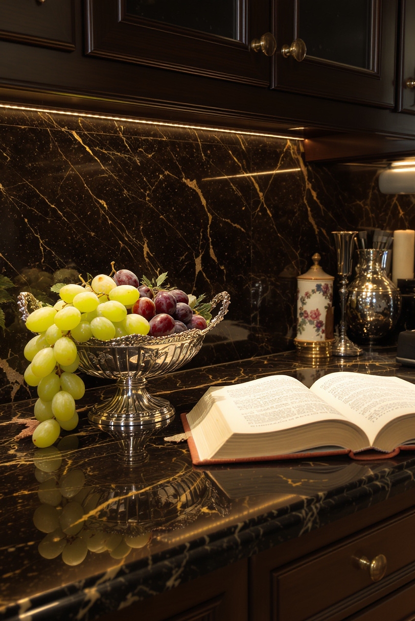 kitchen countertop styling - Sophisticated Countertop Styling Secrets - Deep black granite countertops speckled with gold immediately...