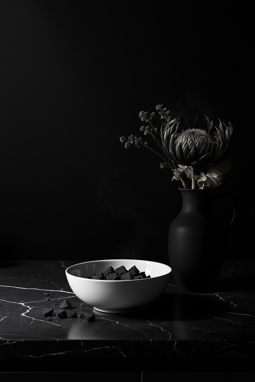 kitchen countertop styling - Mastering Moody Countertop Style - Polished black slate forms a dramatically minimalist Goth...