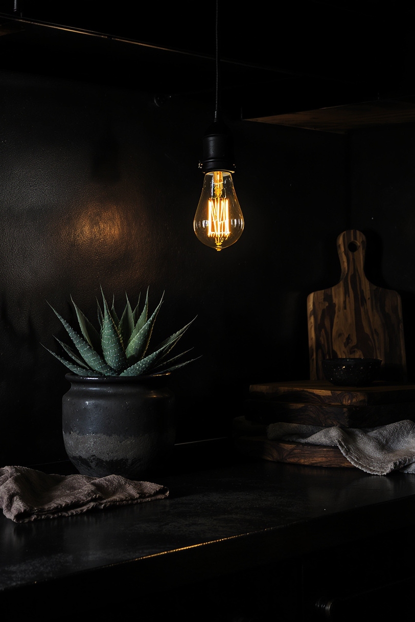 kitchen countertop styling - Dramatic Dark Countertop Styling - A blackened steel countertop anchors this industrial chic...