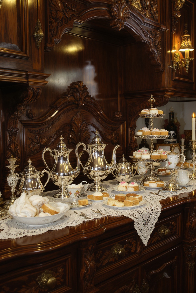 kitchen countertop styling - Victorian Grandeur: Countertop Elegance - Dark, richly stained cherry wood shapes a grand...