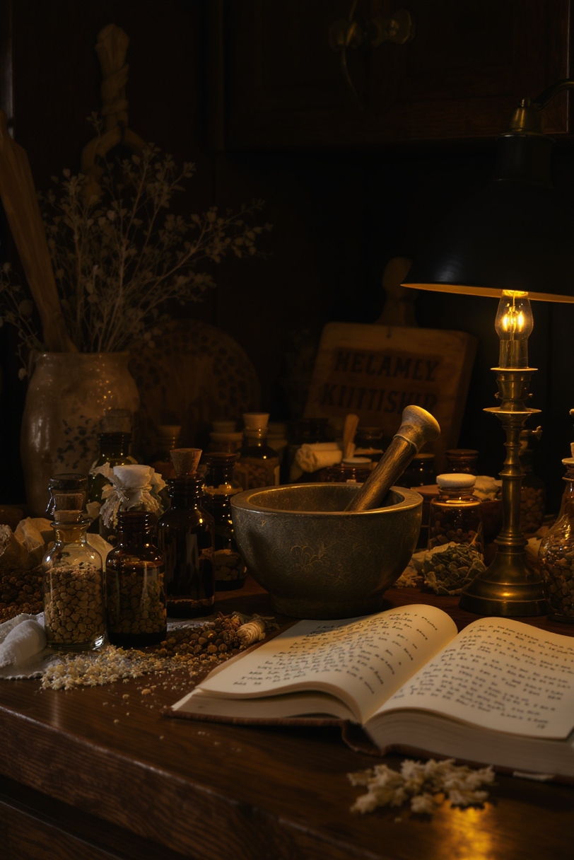 kitchen countertop styling - Apothecary Countertop: Old-World Allure - The dark, polished wood countertop immediately commands attention,...