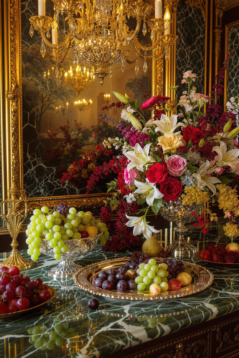 kitchen countertop styling - Gilded Age Countertop Grandeur - Deep green marble sprawls across this countertop, its...