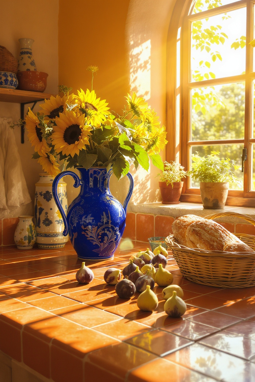 kitchen countertop styling - Mediterranean Countertop Vignettes - The afternoon sun spills across a Mediterranean kitchen...