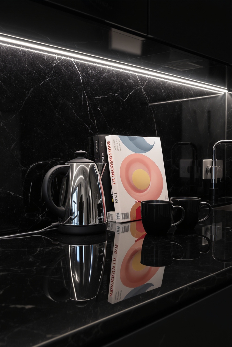 kitchen countertop styling - Master Your Modern Countertop Style - The highly polished black granite countertop in this...