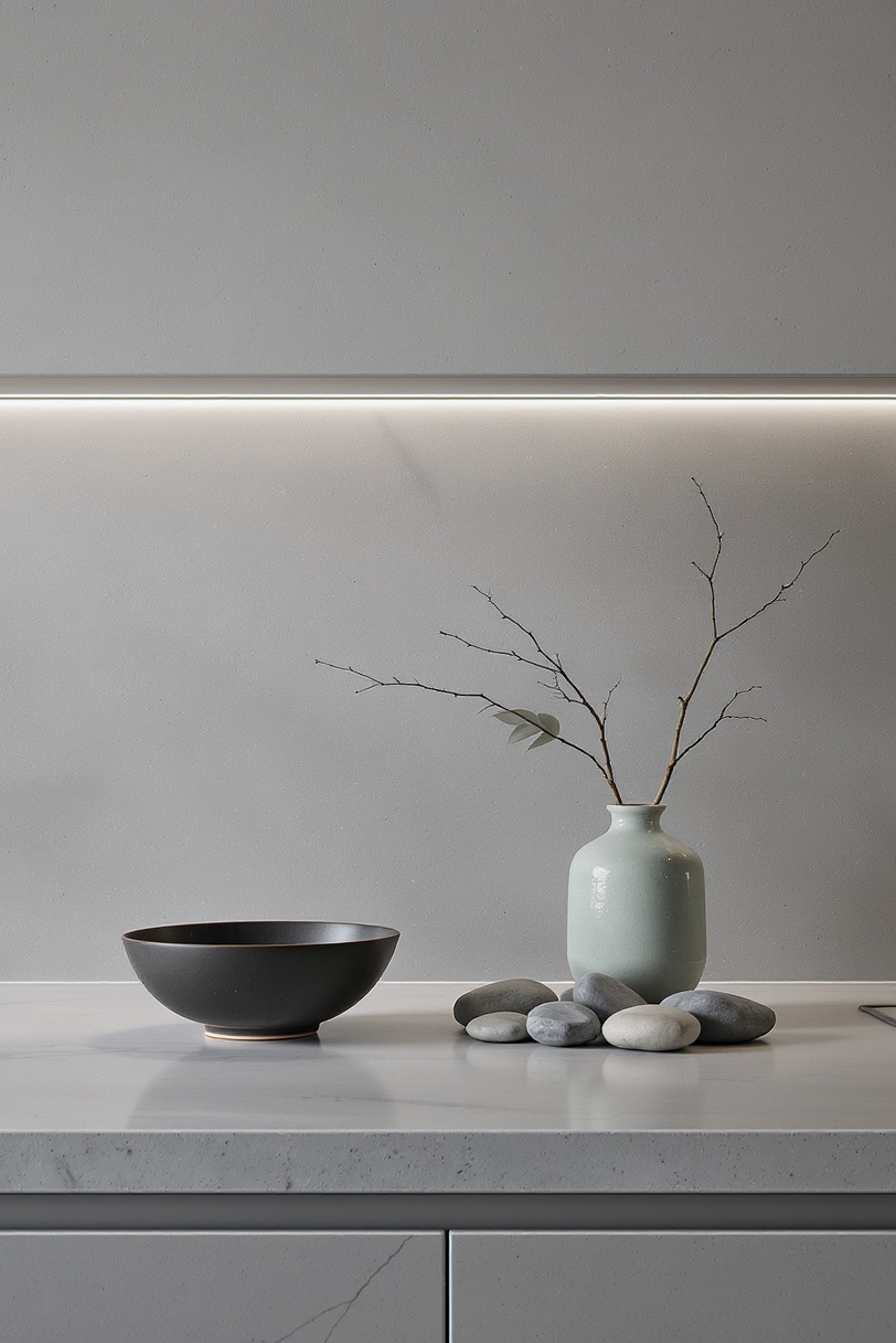 kitchen countertop styling - Zen Countertop Calm - Light grey polished concrete stretches across this kitchen...