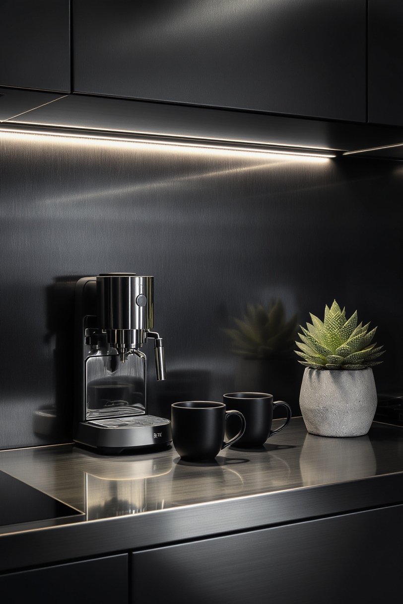 kitchen countertop styling - Stark Industrial Countertop Statements - The eye sweeps across a cool, contemporary kitchen...