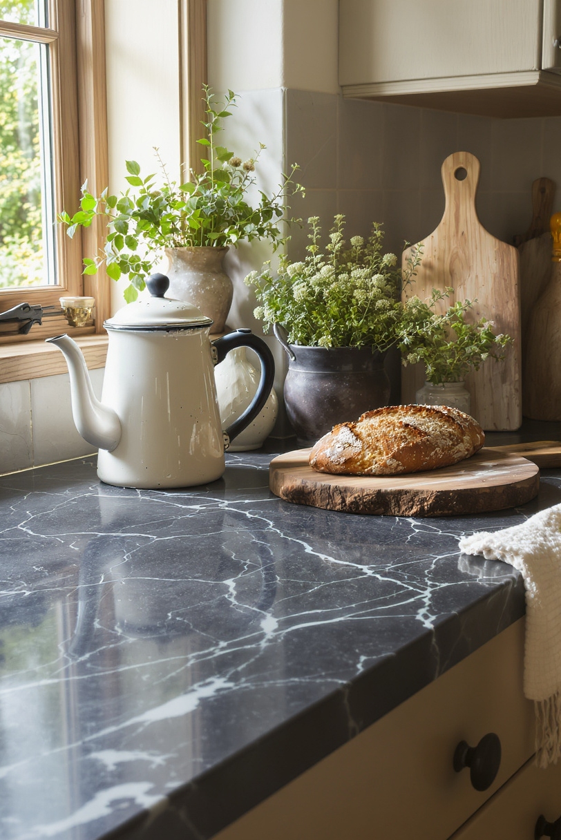 kitchen countertop styling - Authentic Farmhouse Countertop Vignettes - Deep charcoal grey soapstone stretches across this Heritage...
