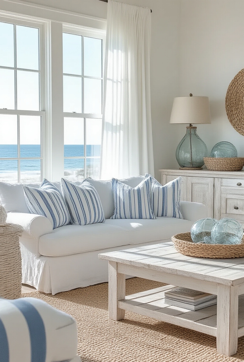 modern farmhouse living room interior - Bright Coastal Farmhouse Escape - Sunlight floods this coastal modern farmhouse living room...