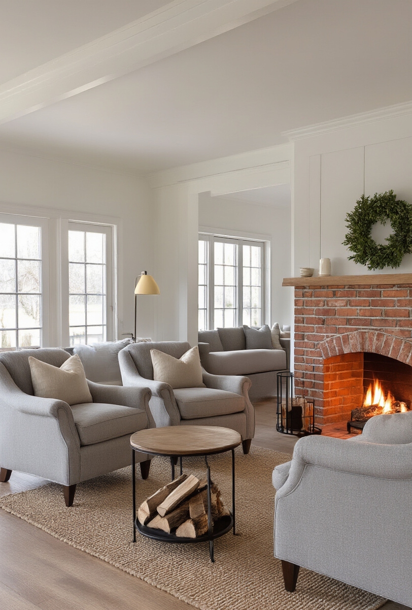 modern farmhouse living room interior - Inviting Fireside Farmhouse Nook - The fireplace corner exudes warmth and charm in this modern farmhouse living room...