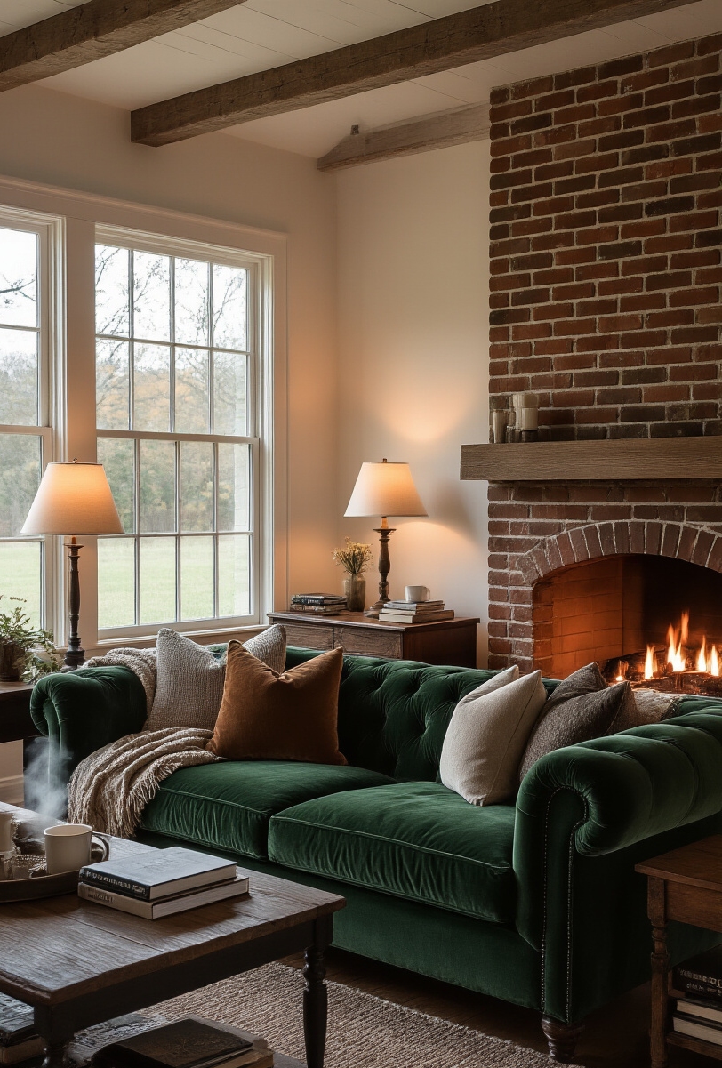 modern farmhouse living room interior - Evening Warmth in Modern Farmhouse Style - Warm light fills this intimate modern farmhouse living room...