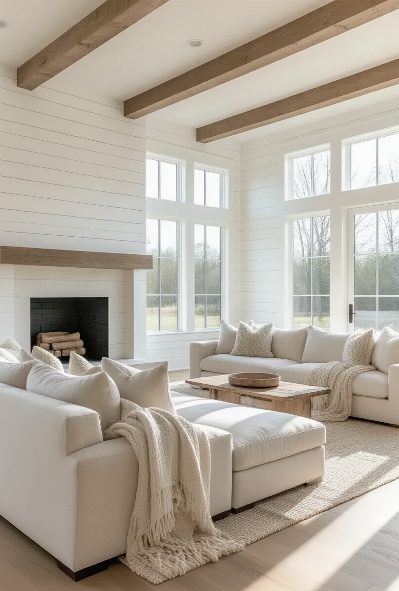 modern farmhouse living room interior - Bright Farmhouse Living Room Retreat - Sunlight streams into this modern farmhouse living room,...