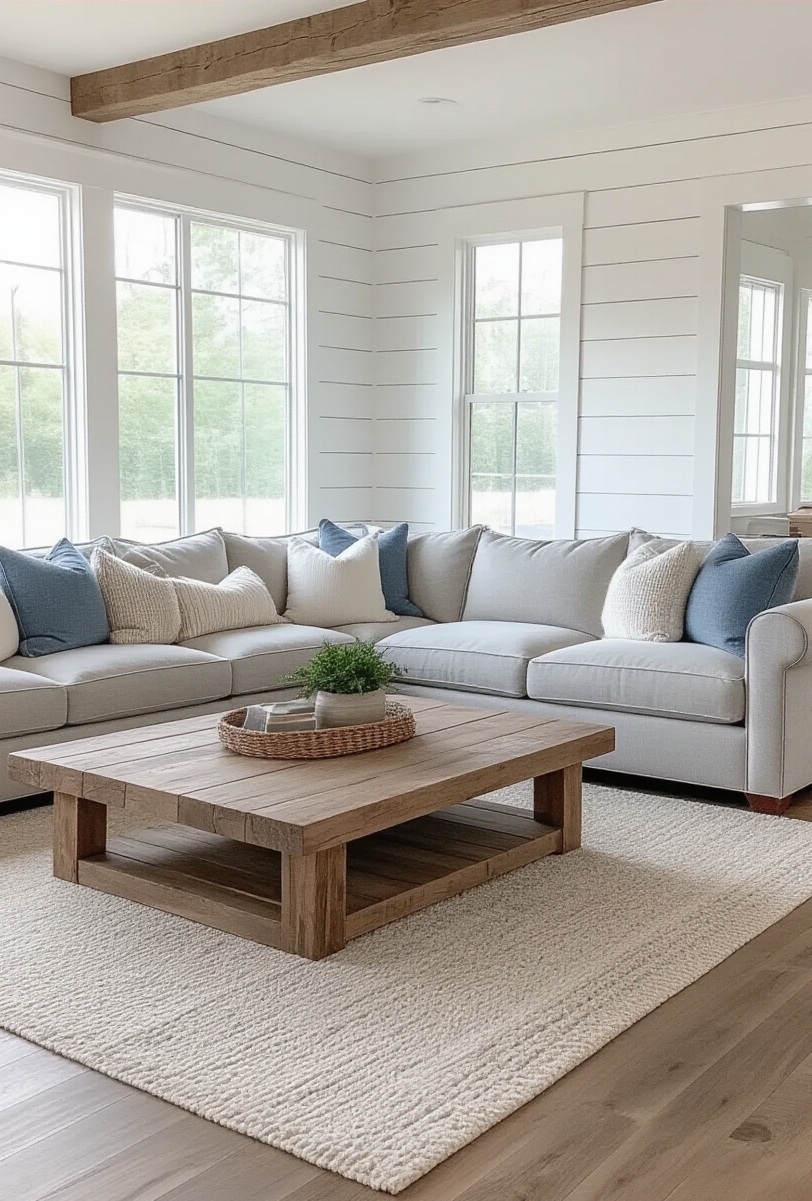 modern farmhouse living room interior - Comfort-Focused Farmhouse Sectional Lounge - This modern farmhouse living room invites relaxation...
