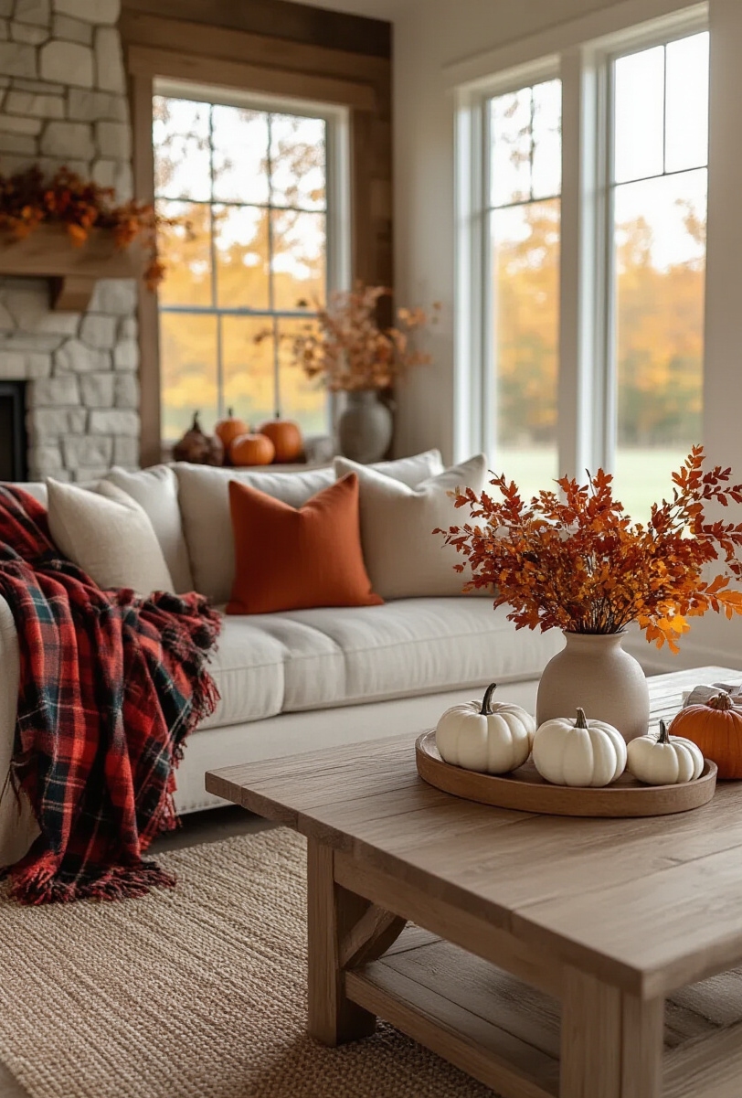 modern farmhouse living room interior - Seasonal Charm: Autumn Farmhouse Living - This living room blends modern farmhouse style with autumnal accents...