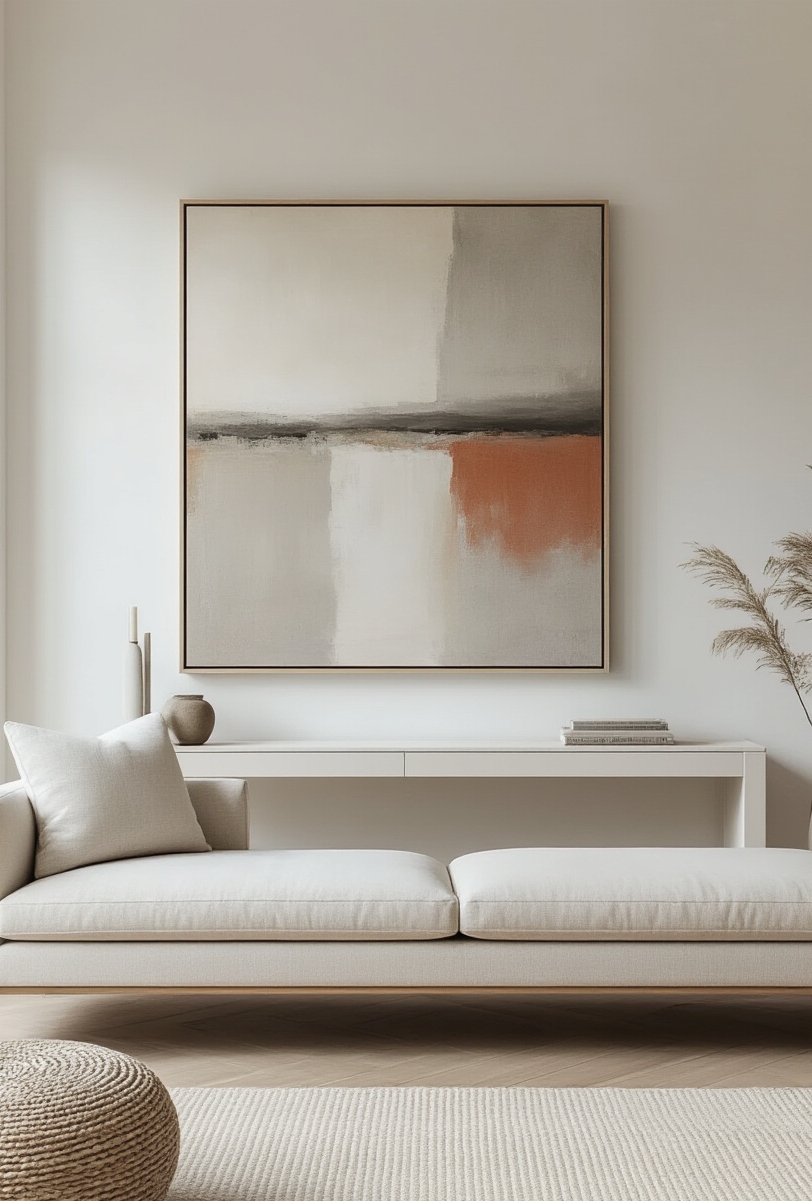 modern farmhouse living room interior - Artful Farmhouse Statement - A captivating abstract painting anchors this modern farmhouse living room...