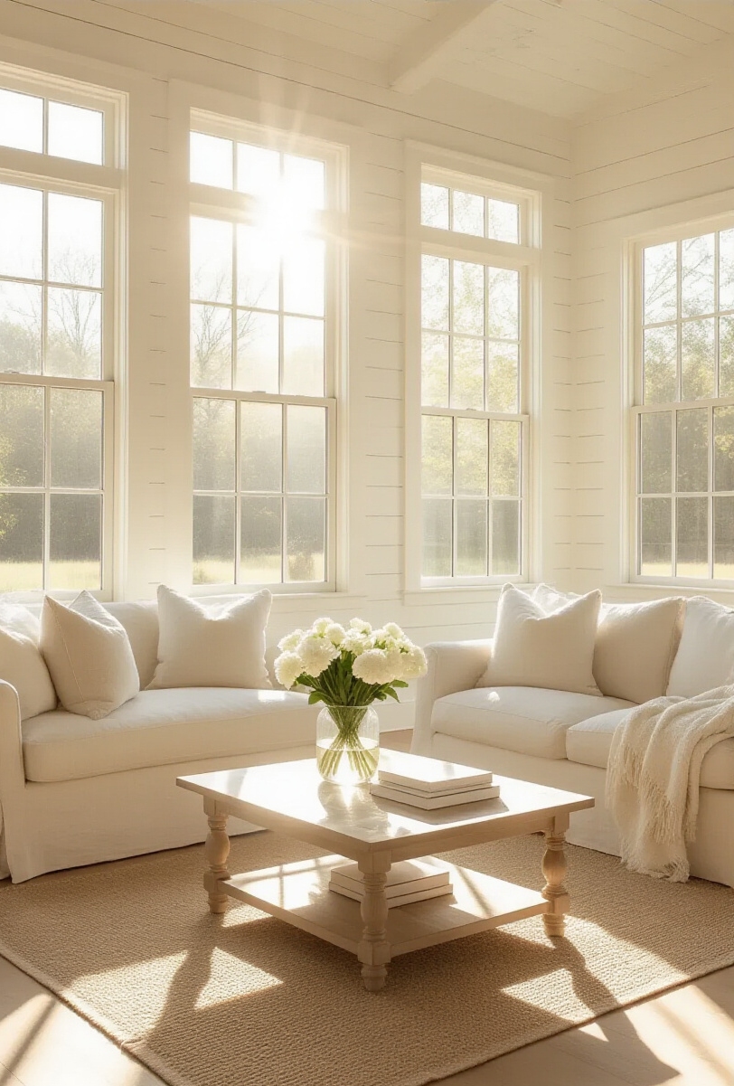 modern farmhouse living room interior - Sunlit Farmhouse Serenity - Sunlight floods this modern farmhouse living room, creating a warm glow...