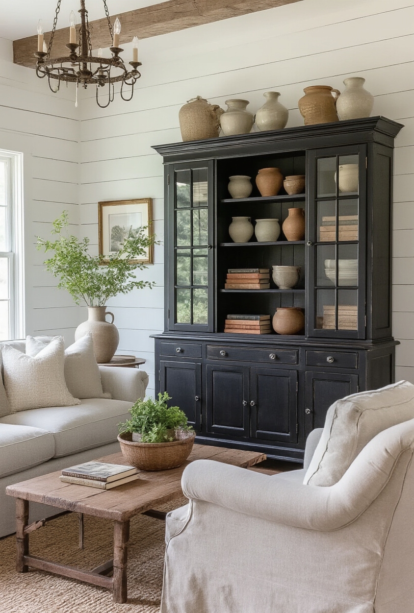 modern farmhouse living room interior - Antique Accents in Modern Farmhouse Style - A dramatic antique hutch anchors this modern farmhouse living room...