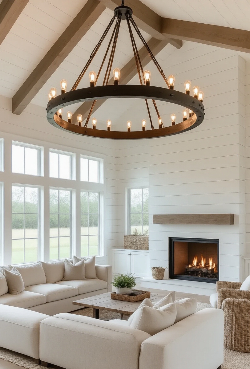 modern farmhouse living room interior - Dramatic Lighting in Farmhouse Grandeur - This modern farmhouse living room captivates with...