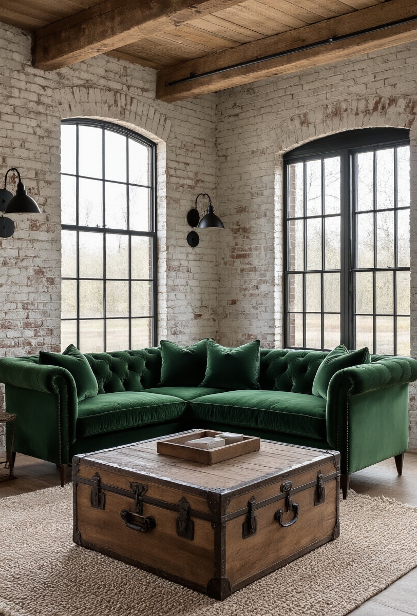 modern farmhouse living room interior - Brick & Velvet Farmhouse Comfort - Exposed brick, whitewashed to airy perfection, defines one...