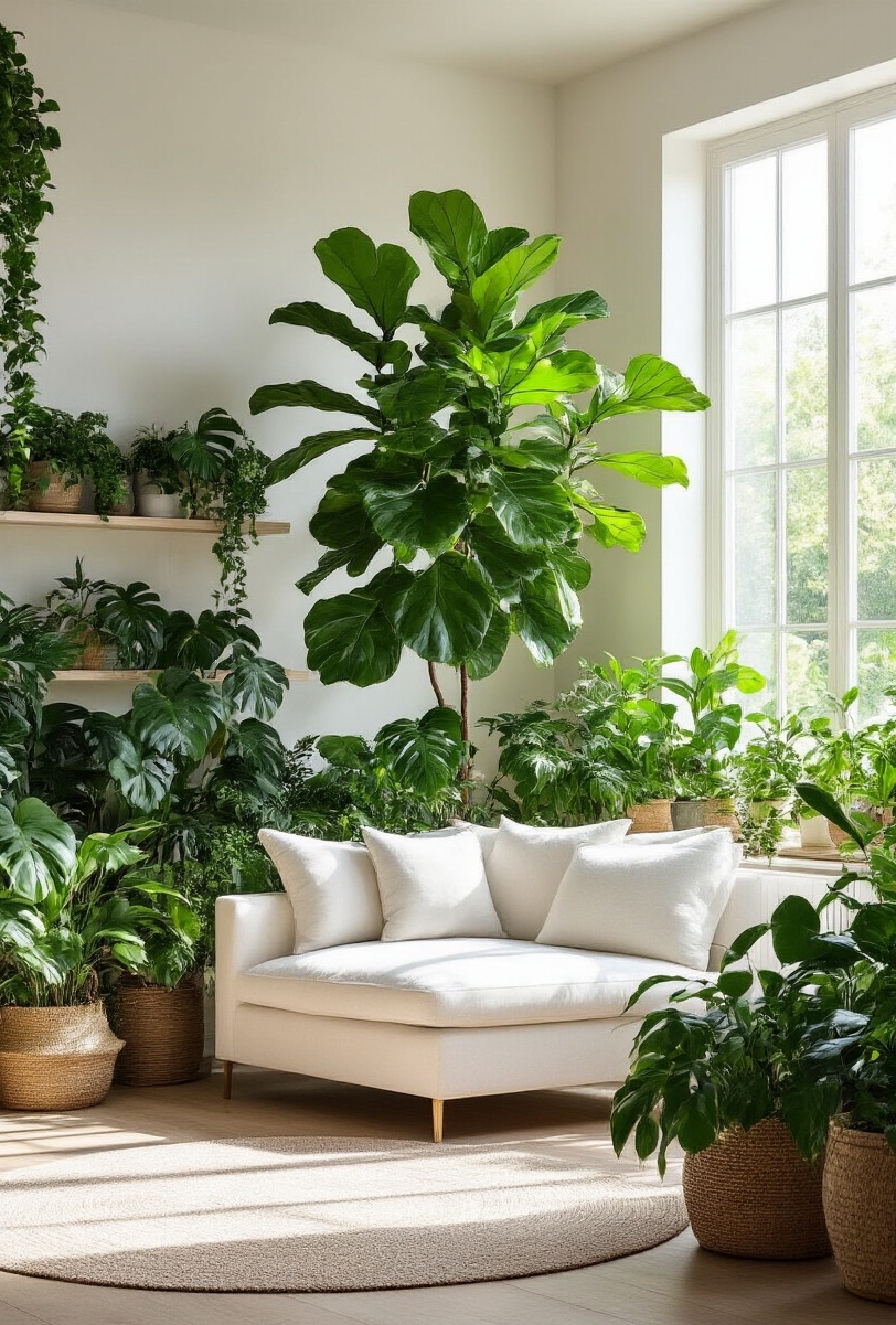 modern farmhouse living room interior - Farmhouse Living Room Plant Oasis - Sunlight floods this modern farmhouse living room, turning...