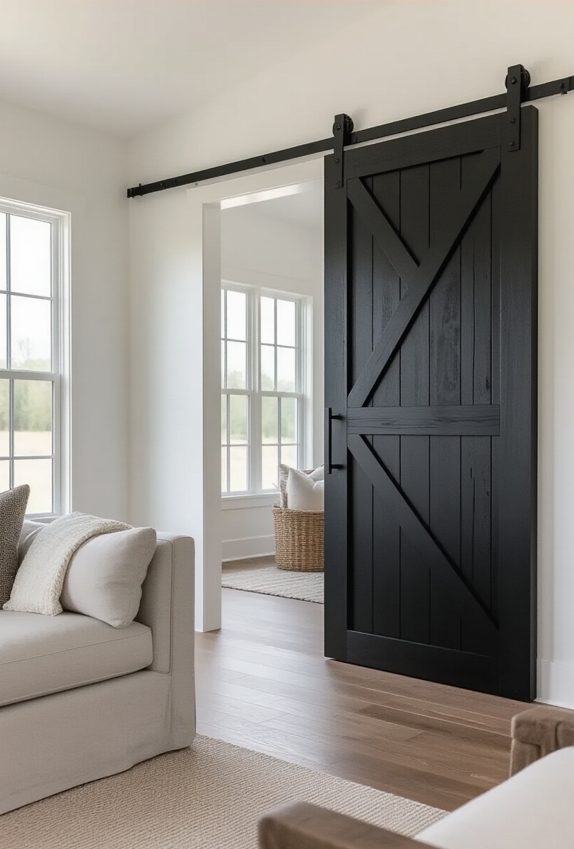 modern farmhouse living room interior - Modern Farmhouse Barn Door Impact - A dramatic, oversized barn door immediately commands attention...
