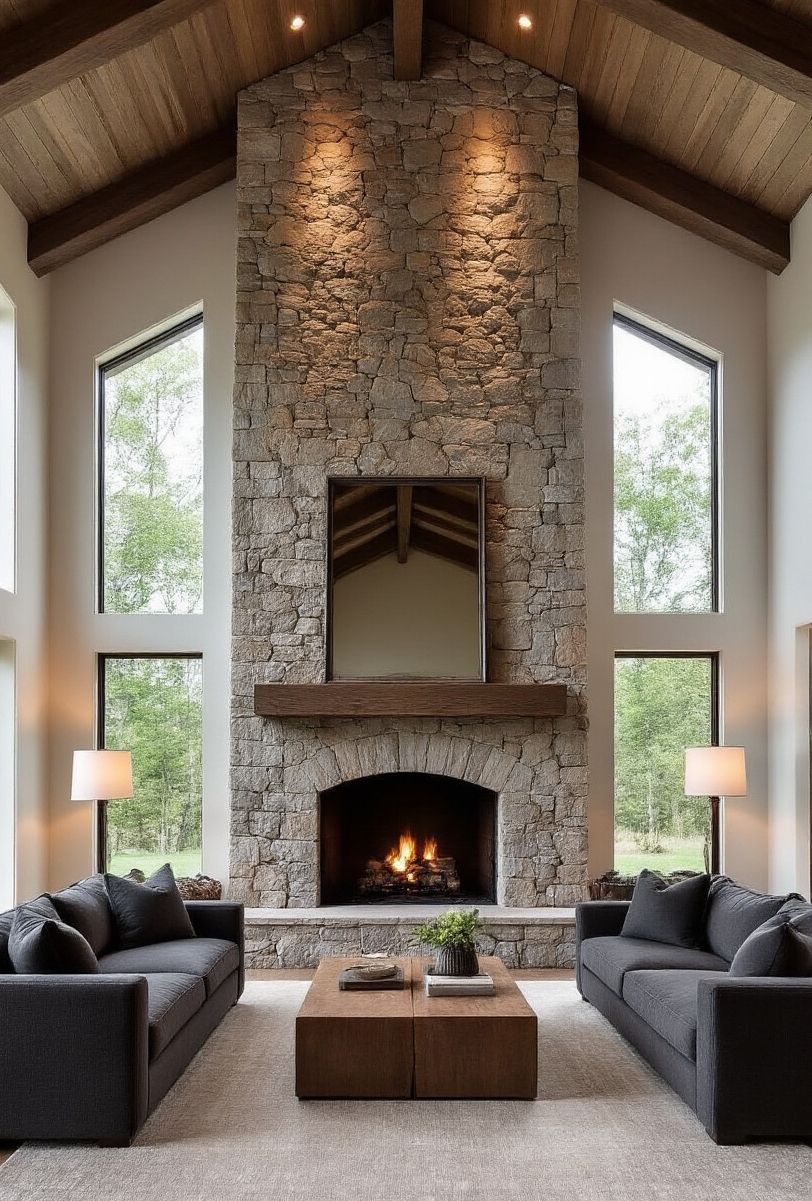 modern farmhouse living room interior - Bold Hearth: Farmhouse Fireplace Statement - A monumental stone fireplace anchors this modern farmhouse living room...