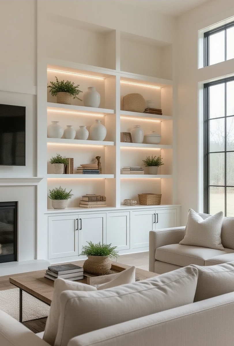 modern farmhouse living room interior - Curated Modern Farmhouse Shelving - The living room breathes modern farmhouse charm with...