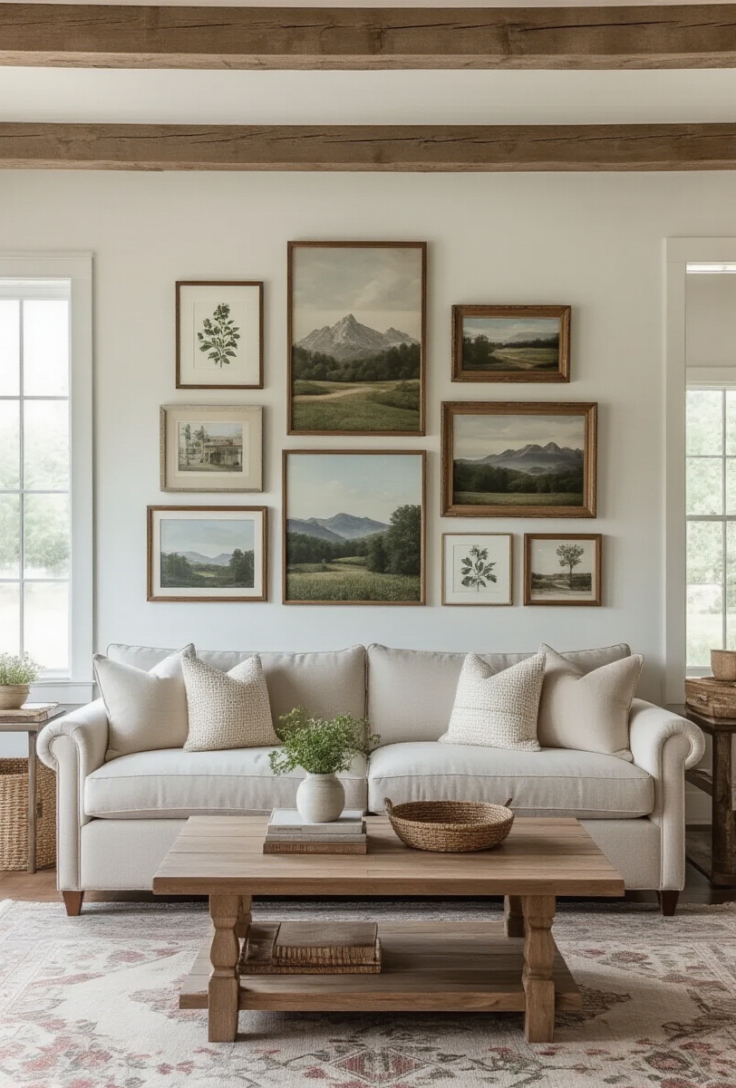 modern farmhouse living room interior - Personalized Farmhouse Gallery Wall - A curated gallery wall adds character to this modern farmhouse living room...