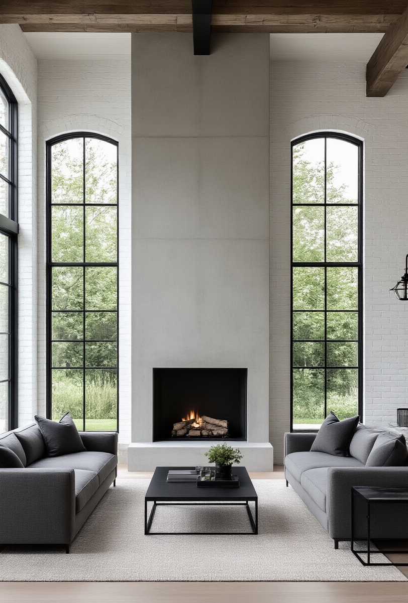 modern farmhouse living room interior - Industrial Chic Meets Farmhouse Comfort - This modern farmhouse living room blends rustic charm with industrial style...