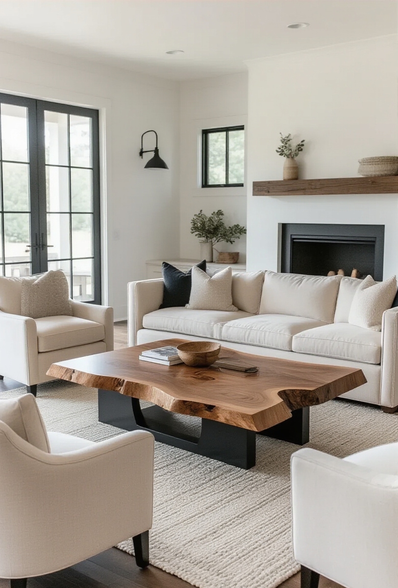 modern farmhouse living room interior - Farmhouse Living Room Centerpiece - A live-edge wood coffee table anchors this modern farmhouse living room...