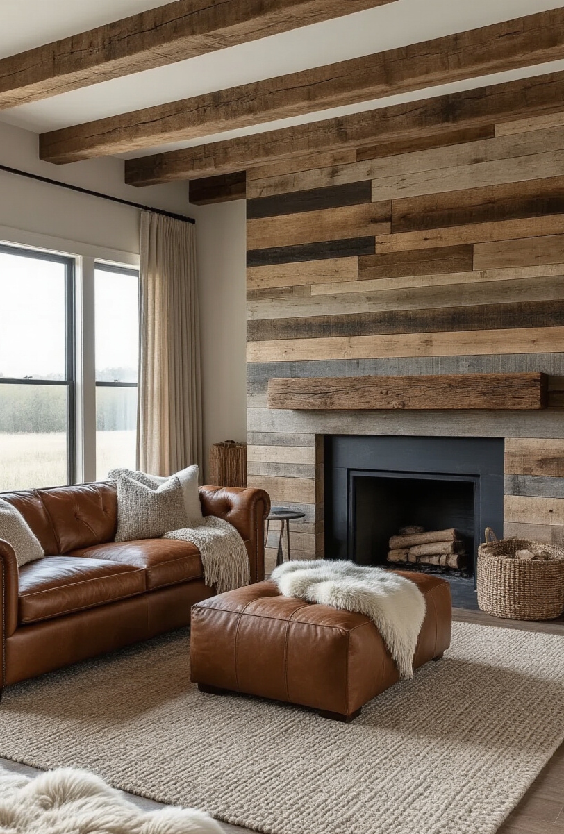 modern farmhouse living room interior - Rugged Elegance in Farmhouse Design - A distressed wood accent wall anchors this modern farmhouse living room...