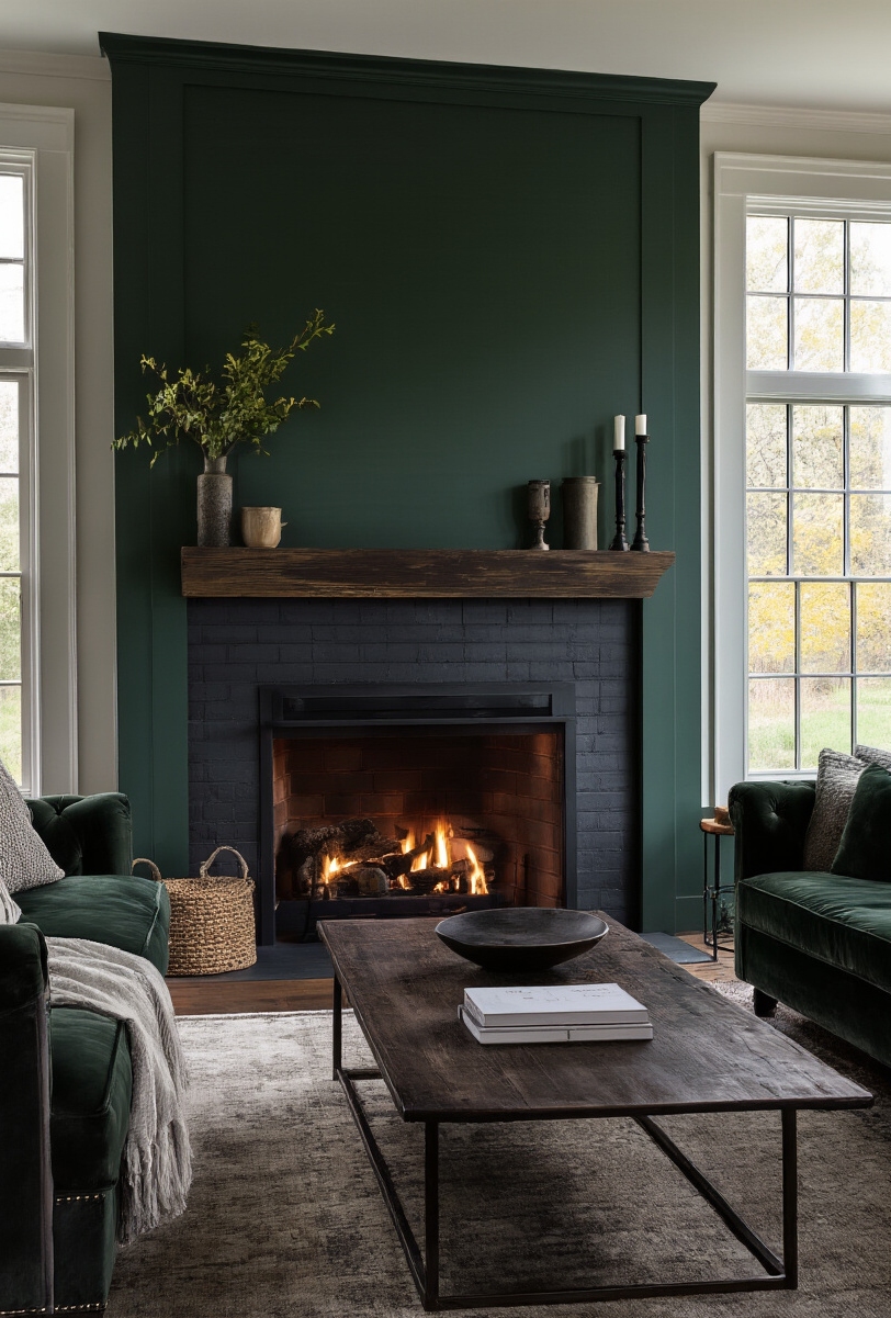 modern farmhouse living room interior - Intimate Evening Farmhouse Retreat - A deep forest green accent wall creates a moody backdrop in this modern farmhouse living room...