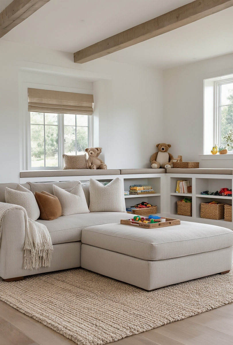 modern farmhouse living room interior - Family-Friendly Farmhouse Style - This modern farmhouse living room balances style and durability...