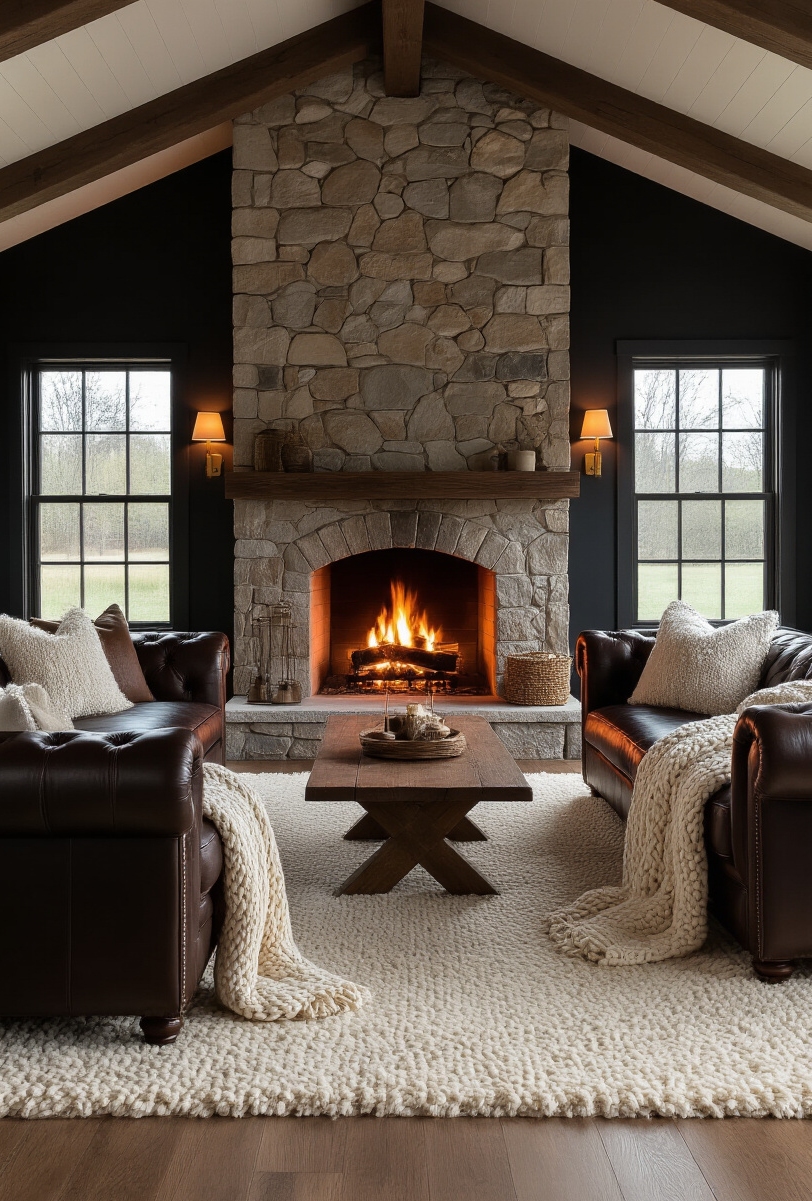 modern farmhouse living room interior - Cozy Evenings by the Farmhouse Fire - The evening ambiance in this modern farmhouse living room is warm and inviting...