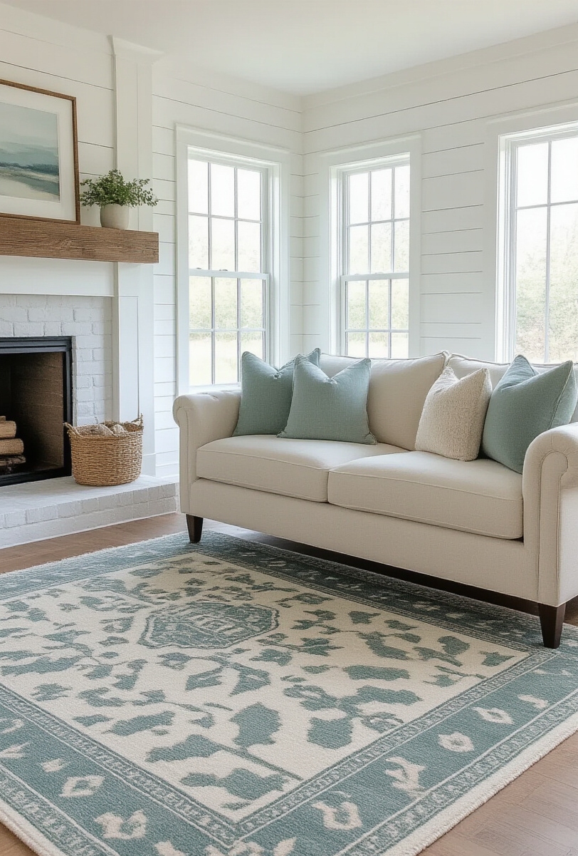 modern farmhouse living room interior - Bright and Cheerful Farmhouse Living - Sunlight fills this modern farmhouse living room...