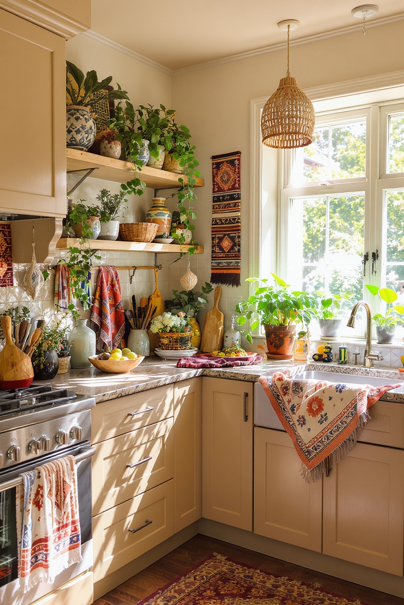 Taupe kitchen cabinets - Bohemian Flair Meets Taupe Elegance - Kitchen with warm taupe cabinets and eclectic decor