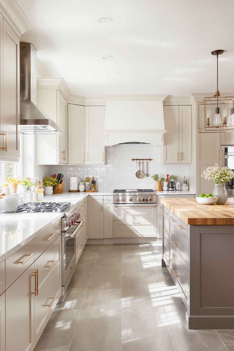 Taupe kitchen cabinets - Bright and Inviting: Taupe Kitchen with Butcher Block Island - Kitchen with taupe cabinets and large butcher block island